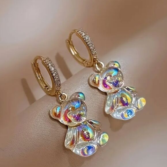 Gold Crystal Iridescent Gummy Bear Lever Back Earrings - Picture 1 of 7
